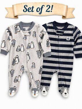 NWT Carter’s Newborn Fleece Sleepers Set of 2 Footed Pajamas Penguin Stripe Baby